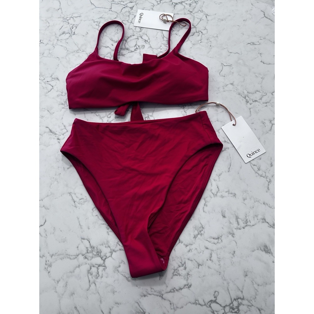 NWT Quince Cherry Red Italian Scoop Neck Bikini Top & High Rise High Leg Bottom